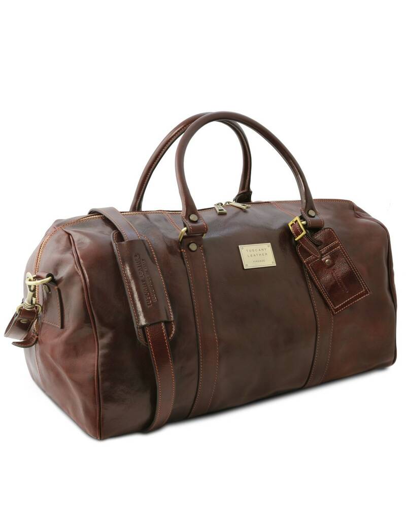 Tuscany Leather TL Voyager - Travel leather duffle bag with pocket on the  back side - Large size Colour Honey