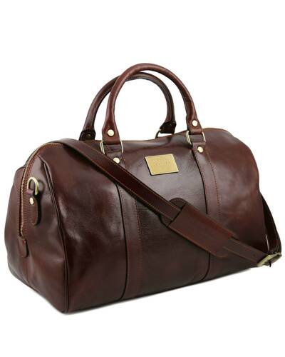 Tuscany Leather - TL Voyager - Travel leather duffle bag with pocket on the back side - Small size Brown - TL141250/1